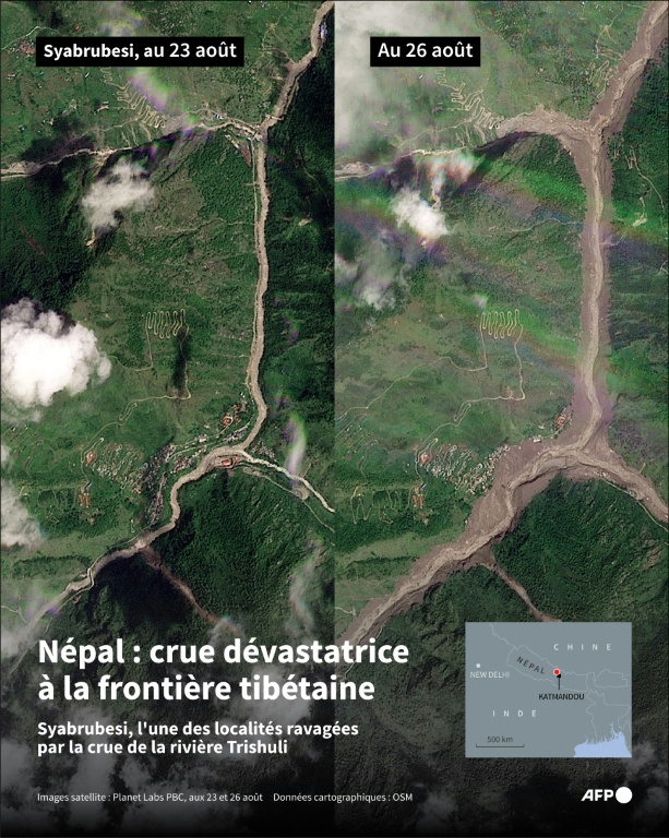 Images satellite du village de Syabrubesi proche du Tibet, en grande partie ravagé par la crue de la rivière Trishuli au cours d'inondations meurtrières dans cette région du Népal, avant la crue le 23 août et après la crue le 26 août ( AFP / Valentin RAKOVSKY )
