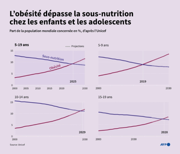 Part de la population mondiale en situation d'obésité ou de sous-nutrition parmi les 5-19 ans de 2000 à 2030, d'après les données et les projections de l'Unicef ( AFP / Jonathan WALTER )