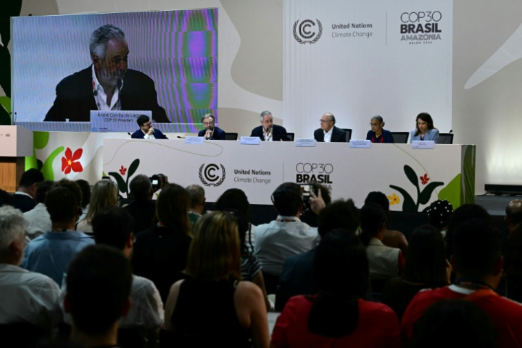 Conférence de presse de dirigeants, à la COP30, à Belem (Brésil), le 17 novembre 2025 ( AFP / Pablo PORCIUNCULA )