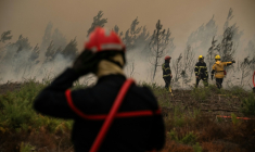 Des pompiers arrosent la lisière d'une forêt lors d'un incendie de forêt près de la ville de Lège-Cap-Ferret, en Gironde, le 25 juillet 2026 ( AFP / JULIEN DE ROSA )