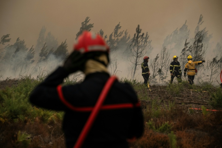 Des pompiers arrosent la lisière d'une forêt lors d'un incendie de forêt près de la ville de Lège-Cap-Ferret, en Gironde, le 25 juillet 2026 ( AFP / JULIEN DE ROSA )