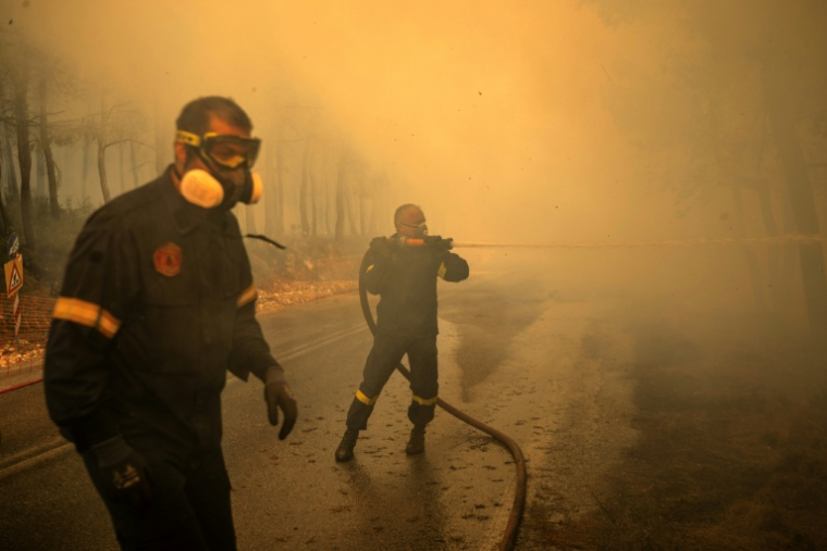 Des pompiers grecs tentent d’éteindre un incendie de forêt dans la région de Porto Germeno, à quelque 70 kilomètres au nord-ouest d’Athènes, dans la région de la Viotia, le 2 août 2026 ( AFP / Angelos TZORTZINIS )