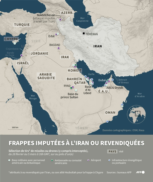 Carte montrant les frappes imputées à l'Iran ou revendiquées par ce pays sur des sites stratégiques au Moyen-Orient (base militaire, ambassade ou consulat américains, aéroport, infrastructure énergétique ou portuaire) du 28 février au 5 mars à 16h00 GMT (recensement non exhaustif basé sur les informations des bureaux AFP) ( AFP / Luca MATTEUCCI )
