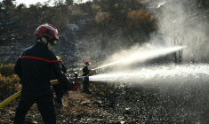 Les sapeurs-pompiers luttent pour combattre ce qu'il reste de l'incendie dans l'Aude et éviter qu'il ne reparte, à Albas, le 9 août 2025 ( AFP / Bertrand GUAY )