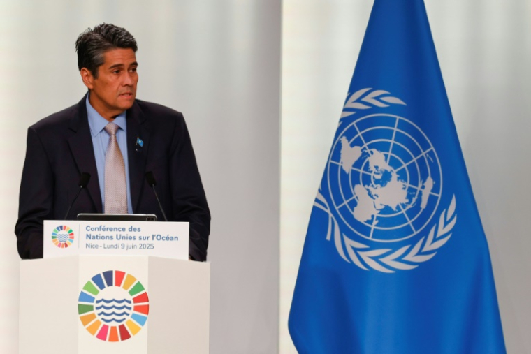 Le président des Palaos, Surangel Whipps Jr, lors de l'ouverture de la troisième Conférence des Nations Unies sur les océans (UNOC3) à Nice, le 9 juin 2025 ( AFP / Ludovic MARIN )