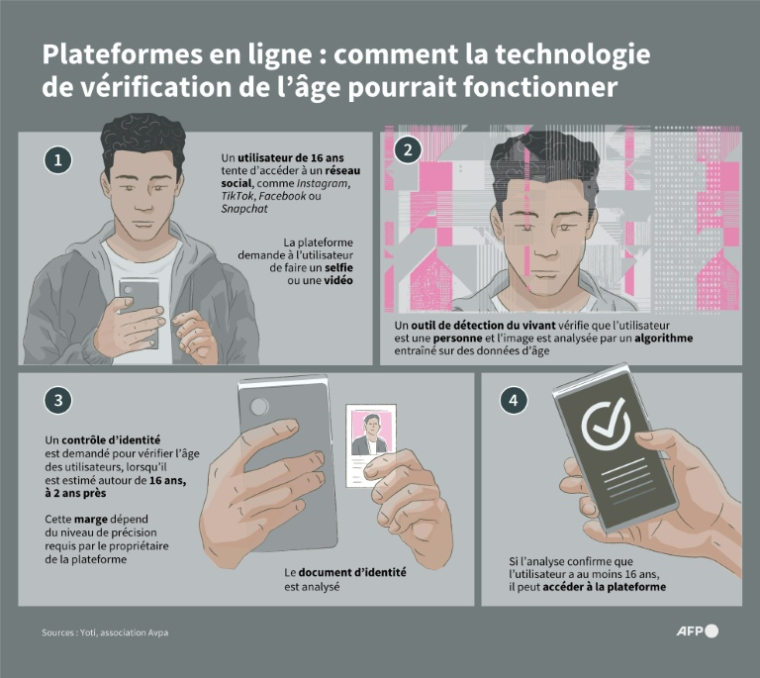 Infographie montrant comment la technologie de vérification de l'âge pourrait fonctionner ( AFP / Nicholas SHEARMAN )