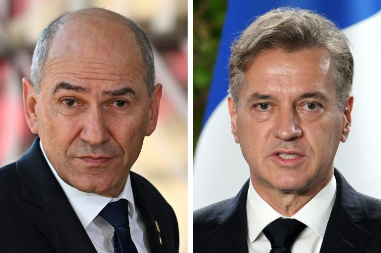 Les candidats à la présidentielle slovène Janez Jansa (à gauche) et Robert Golob ( AFP / Emmanuel DUNAND )