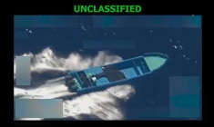 Photo diffusée par le Pentagone présentant selon cette source une attaque contre un bateau de narcotrafiquants dans le Pacifique, le 21 octobre 2025. ( US Secretary of Defense Pete Hegseth's X Account / HANDOUT )
