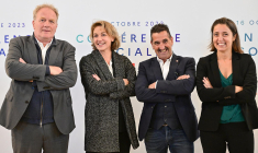 François Hommeril (CFE-CGC), Marylise Léon (CFDT), Frédéric Souillot (FO) et Sophie Binet (CGT) à Paris le 16 octobre 2023. ( POOL / MIGUEL MEDINA )