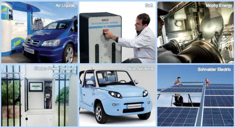 Les start-up et les grands groupes cotés à Paris dans les nouvelles énergies. (© Air Liquide / Saft / McPhy / EPS / Schneider / Bolloré)