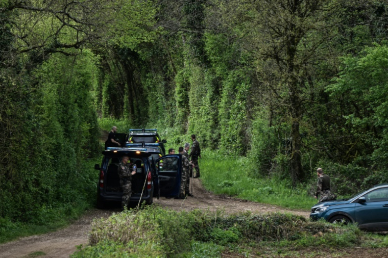 Des gendarmes lors des opérations de recherche pour localiser la joggeuse disparue Agathe Hilairet à Vivonne, le 13 avril 2025 dans la Vienne ( AFP / Philippe LOPEZ )