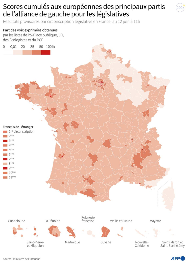 Part cumulée de voix exprimées obtenues dans chaque circonscription législative en France par les listes de PS-Place publique, LFI, des Ecologistes et du PCF, lors des élections européennes de juin 2024, résultats provisoires au 12 juin à 11h ( AFP / Nalini LEPETIT-CHELLA )