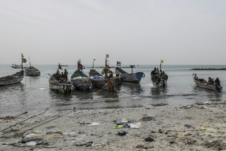 Des pirogues amarrées à un quai de pêche à Rufisque, le 3 mars 2026, au Sénégal ( AFP / PATRICK MEINHARDT )