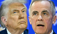 Combinaison d'images montrant, à gauche, le président américain Donald Trump à Davos, en Suisse, le 22 janvier 2026, et, à droite, le Premier ministre canadien, Mark Carney, dans la même ville, le 20 janvier 2026 ( AFP / Mandel NGAN )