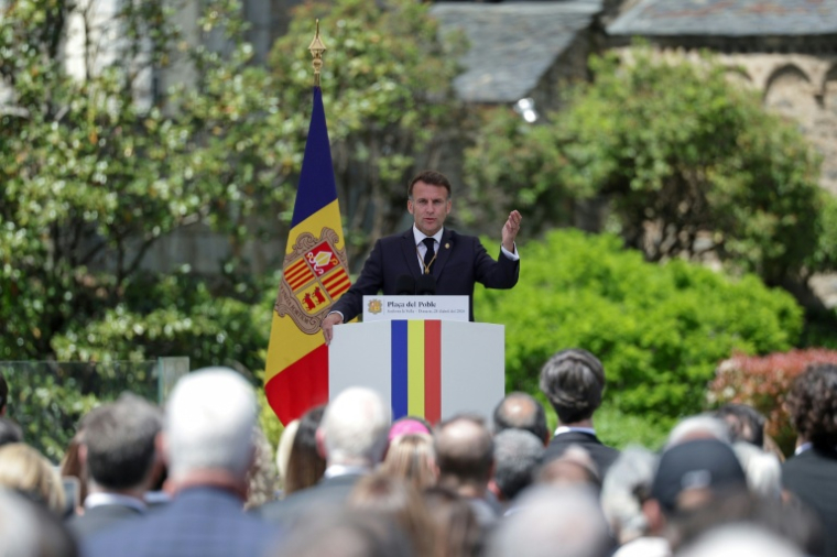 Le président français et coprince d'Andorre Emmanuel Macron le 28 avril 2026 à Andorre-la-Vieille ( POOL / Valentine CHAPUIS )