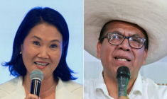 (COMBO) Cette combinaison de photographies réalisée le 2 juin 2026 montre la candidate à la présidentielle péruvienne du parti Fuerza Popular, Keiko Fujimori, s'exprimant lors d'une conférence de presse après les premiers résultats de l'élection présidentielle à Lima le 13 avril 2026, et le candidat à la présidentielle péruvienne du parti Juntos por el Perú, Roberto Sánchez, lors d'une conférence de presse au siège de son parti à Lima le 25 avril 2026 ( AFP / STRINGER )