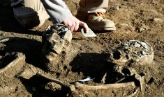 Des ossements humains sur un site archéologique à Bordeaux, le 6 décembre 2016 ( AFP / GEORGES GOBET )