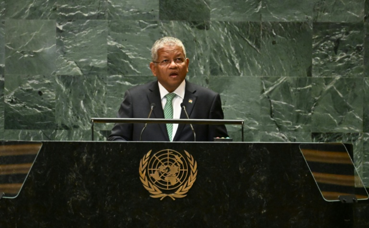 Le président des Seychelles, Wavel Ramkalawan, s'adresse à l'Assemblée générale de l'ONU, le 25 septembre 2024 à New York ( AFP / TIMOTHY A. CLARY )