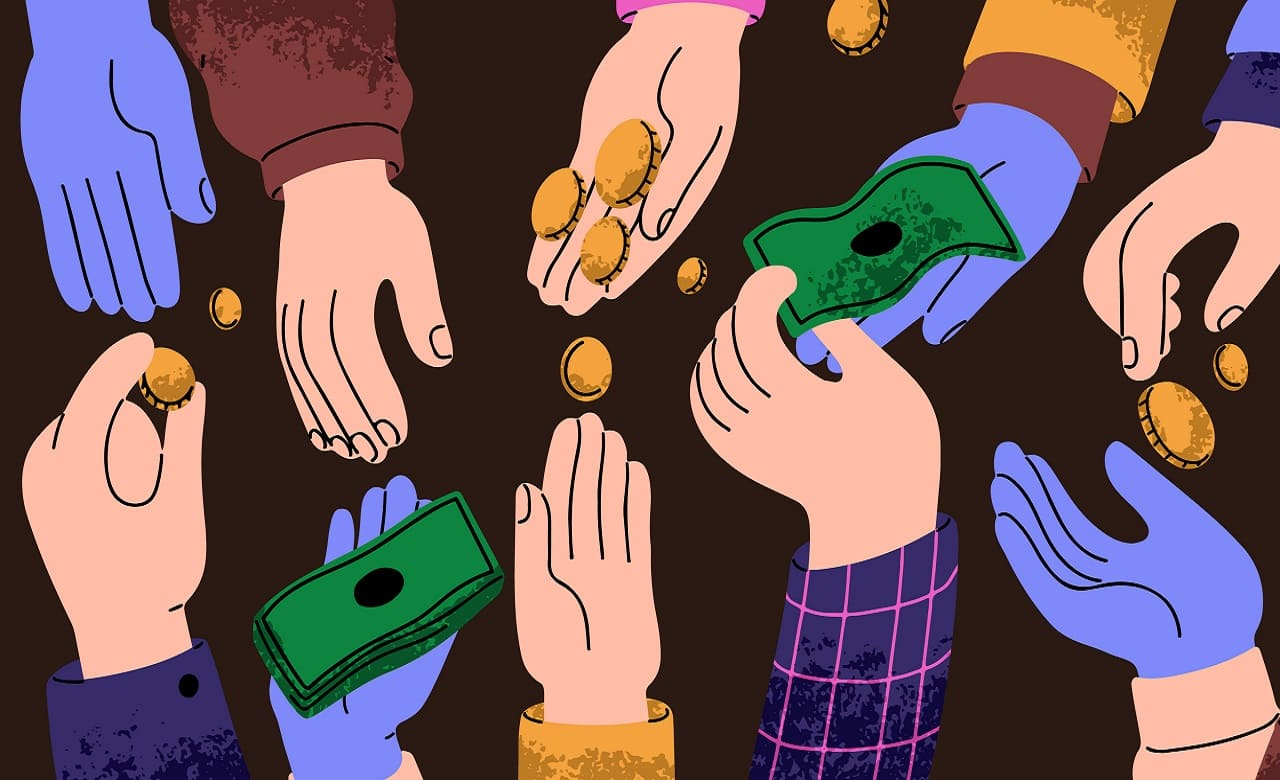 (Crédits photo : Adobe Stock - Personnes faisant des affaires en réglant avec une monnaie locale composée de pièces et billets)