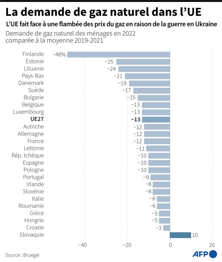 Graphique montrant la réduction de la demande de gaz naturel en 2022 par rapport à la moyenne de 2019-2021 dans les pays de l'UE ( AFP /  )