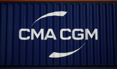 The logo of CMA-CGM shipping company in Montoir-de-Bretagne