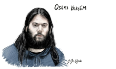 Ce croquis d'adience, réalisé le 19 avril 2023, montre le jihadiste suédois Osama Krayem durant son procès devant les assises de Bruxelles pour répondre de sa participation aux attentats de mars 2016 en Belgique ( BELGA / JONATHAN DE CESARE )