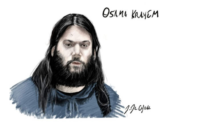 Ce croquis d'adience, réalisé le 19 avril 2023, montre le jihadiste suédois Osama Krayem durant son procès devant les assises de Bruxelles pour répondre de sa participation aux attentats de mars 2016 en Belgique ( BELGA / JONATHAN DE CESARE )