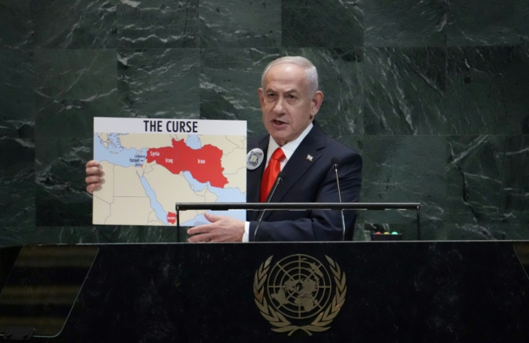 Le Premier ministre israélien Benjamin Netanyahu prononce un discours vendredi 26 septembre 2025 devant l'Assemblée générale de l'ONU. ( AFP / TIMOTHY A. CLARY )