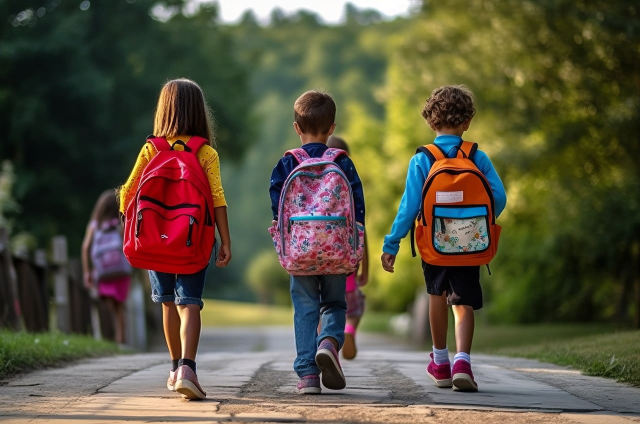 (Crédits photo : Adobe Stock - Ecoliers sur le chemin de la rentrée des classes avec de nouvelles fournitures)