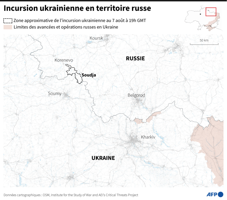 Carte montrant la zone frontalière entre la Russie et l'Ukraine où l'armée ukrainienne a lancé mardi une offensive en territoire russe ( AFP / Valentin RAKOVSKY )