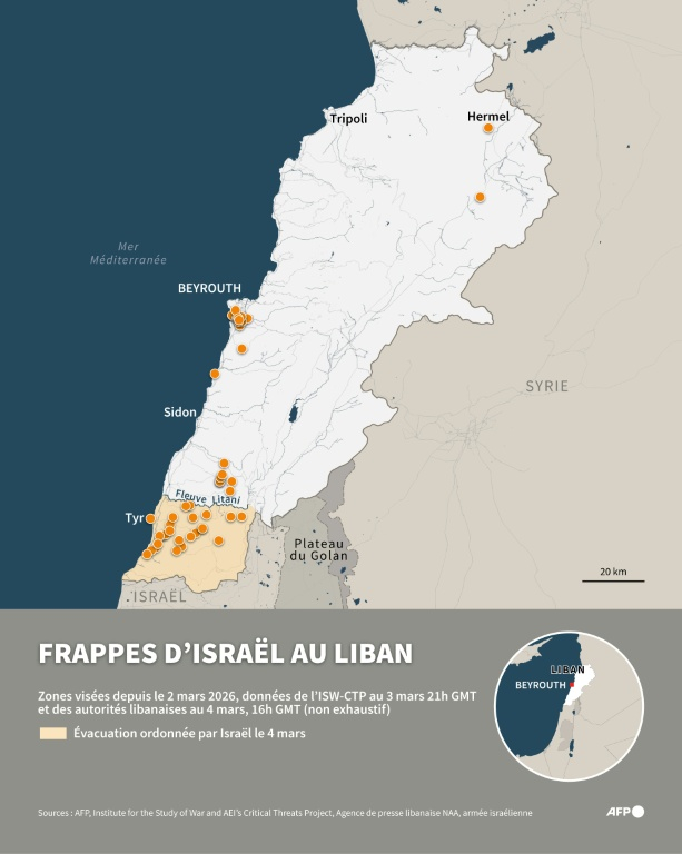 Infographie avec une carte du Liban montrant les zones bombardées par Israël depuis le 2 mars 2026, avec des données non exhaustives de l’ISW-CTP au 3 mars à 21h GMT et des autorités libanaises au 4 mars à 16h GMT, ainsi que la zone d’ordre d’évacuation israélienne au sud du fleuve Litani ( AFP / Laetitia COMMANAY )