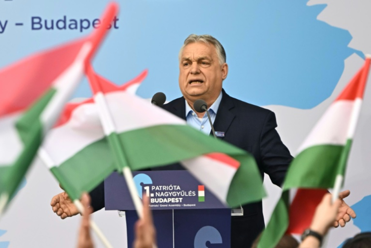 Le Premier ministre hongrois Viktor Orban s'adresse à la foule lors d'un meeting de campagne à Budapest, le 23 mars 2026, avant les élections législatives du 12 avril 2026 ( AFP / Attila KISBENEDEK )