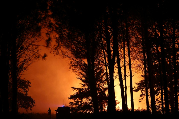 Un pompier observe un incendie de forêt qui fait rage près de Luglon, dans les Landes, le 13 août 2026 ( AFP / ROMAIN PERROCHEAU )