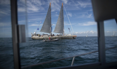La goélette scientifique Tara arrive à Lorient, le 15 octobre 2022 ( AFP / FRED TANNEAU )