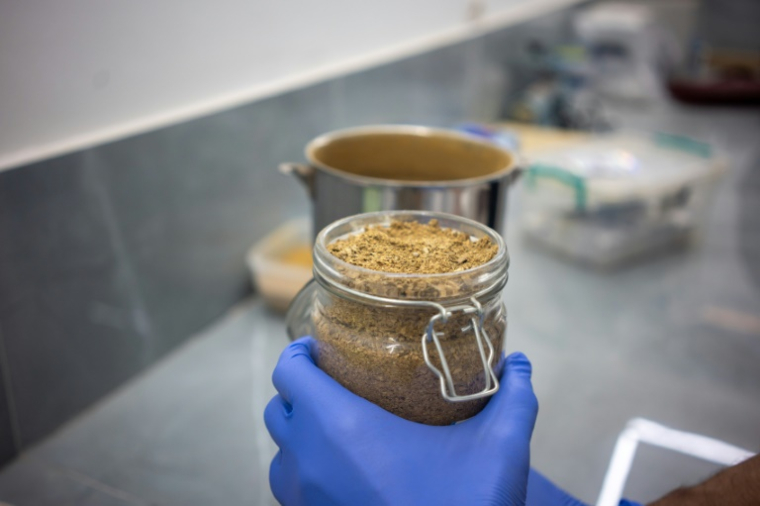 Un flacon de poudre d'Iboga dans un laboratoire à Akanda, le 13 février 2025 au GAbon ( AFP / Nao Mukadi )