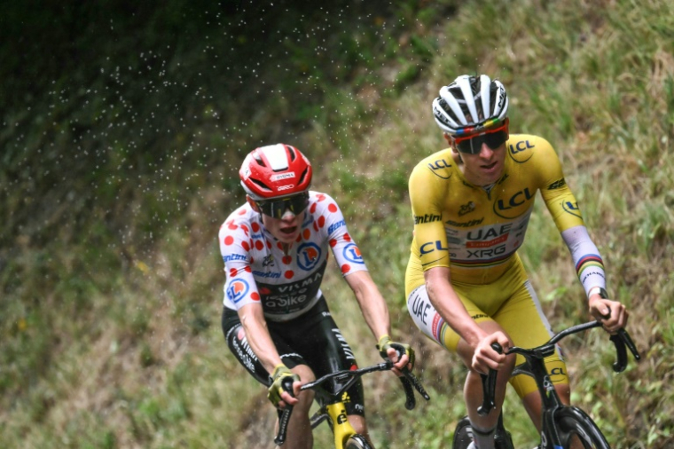Tadej Pogacar et Jonas Vingegaard lors de la 19e étape du Tour de France entre Albertville et La Plagne, le 25 juillet 2025 ( AFP / Marco BERTORELLO )