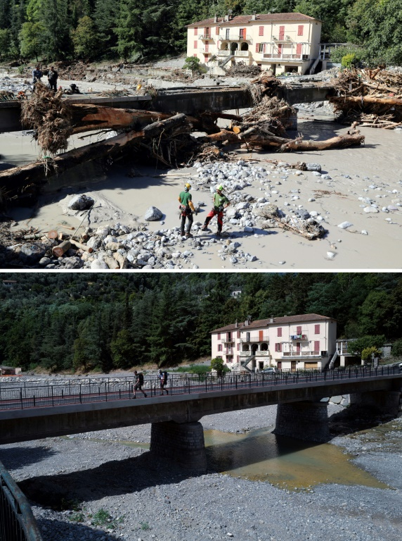 Combinaison d'images créée le 12 août 2021 d'un pont à Breil-sur-Roya, dans les Alpes Maritimes, en haut le 5 octobre 2020 après le passage de la tempête Alex, et en bas le 12 août 2021 ( AFP / Valery HACHE )