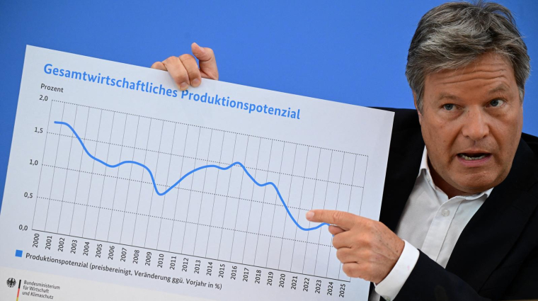 Le ministre allemand de l'Economie Robert Habeck présente les prévisions de printemps du gouvernement le 24 avril 2025 à Berlin ( AFP / TOBIAS SCHWARZ )