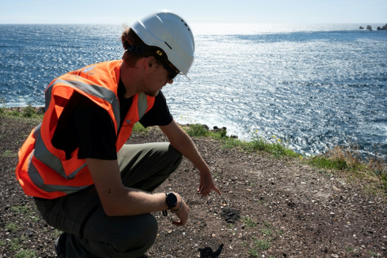 Un agent montre les dépôts de scories lors d'une visite de presse pour montrer l'avancement des travaux de dépollution aux "Goudes", un quartier et port du 8e arrondissement de Marseille, la porte sud de la ville et du Parc National des Calanques, le 11 septembre 2025 ( AFP / Miguel MEDINA )