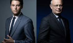 Gabriel Attal (g), alors porte-parole du gouvernement, le  23 septembre 2020 à Paris et le maire du Havre et président du parti Horizons Edouard Philippe à Paris le 26 février 2025 ( AFP / JOEL SAGET )