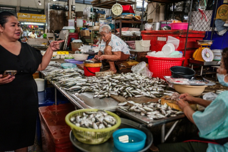 Le vendeur de poisson Sopa Chaiyakul (C) prépare du poisson pour la vente sur un marché de produits frais à Si Racha le 18 mars 2026 en Thaïlande ( AFP / Chanakarn LAOSARAKHAM )
