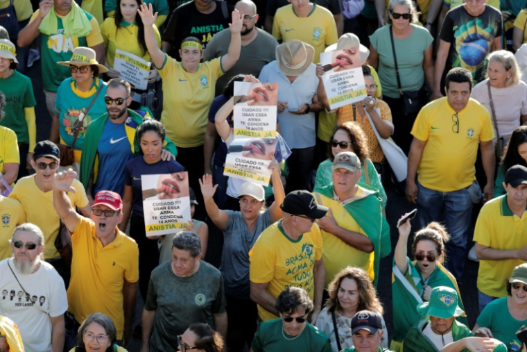 Des partisans de l'ex-président brésilien Jair Bolsonaro manifestent à Brasilia, le 7 mai 2025 ( AFP / SERGIO LIMA )