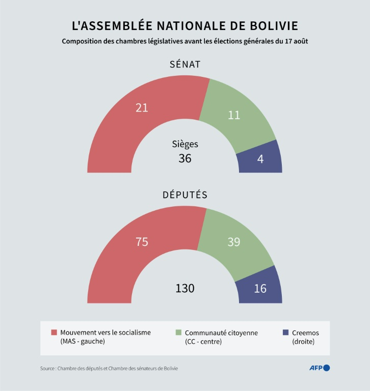 Composition du Sénat et de la Chambre des députés de Bolivie avant les élections nationales et législatives du 17 août 2025 ( AFP / Gabriela VAZ )