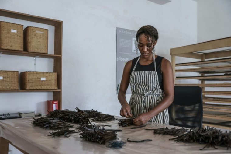 Une employée trie des gousses de vanille à L'atelier Vanilha à São Tomé, capitale de São Tomé-et-Principe, le 7 août 2026 ( AFP / Daniel BELOUMOU OLOMO )