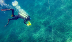 Un plongeur de la Direction départementale des territoires et de la mer (DDTM) s'assure que les lourdes ancres ne raclent pas les herbiers de posidonie, près de l'île de Porquerolles, en France, le 12 août 2026 ( AFP / Miguel MEDINA )
