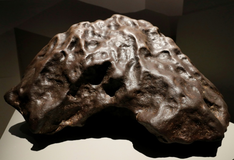 Tamentit, une chondrite retrouvée en Algérie en 1864, lors de l'exposition "Météorites entre ciel et terre", le 17 octobre 2017 au Muséum national d'histoire naturelle à Paris ( AFP / FRANCOIS GUILLOT )