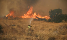 Un pompier tente d'éteindre un feu qui fait rage dans la région de Megara, au nord-ouest d'Athènes, le 3 août 2026. ( AFP / Aris Oikonomou )