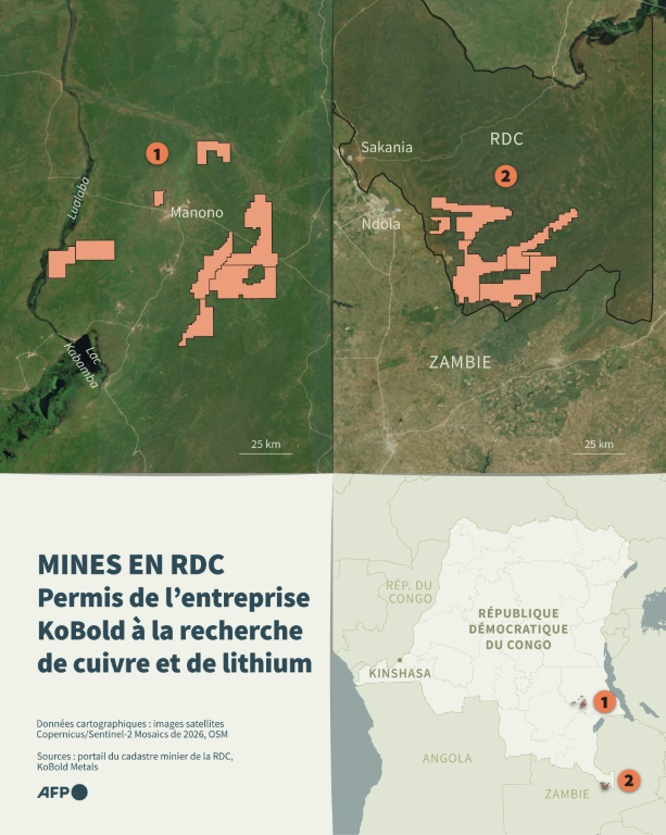 Carte et images satellites montrant la République démocratique du congo et les permis de recherche miniers de la société américaine KoBold Metals  ( AFP / Sabrina BLANCHARD )
