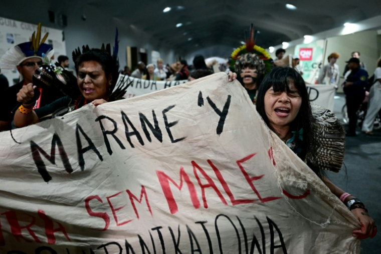 Manifestation dirigée par l'écologiste et militante des droits pour les populations indigènes Txai Surui (D) pendant la COP30 ( AFP / Pablo PORCIUNCULA )