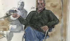 Croquis d'audience, du 17 septembre 2024, montrant l'accusé Dominique Pelicot lors de son procès au tribunal d'Avignon, accusé d'avoir drogué sa femme Gisèle afin de la violer et de la livrer à des dizaines d'inconnus dans leur maison de Mazan, dans le Vaucluse ( AFP / Benoit PEYRUCQ )